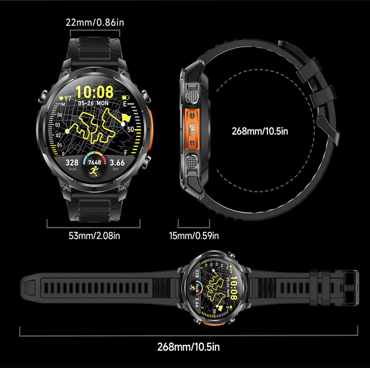 Hibousee Smartwatch Heren & Dames met Belfunctie – 100+ Sportmodi – Hartslagmeter – Waterdicht – Fitness Tracker – Zaklamp – Geschikt voor iOS & Android – 2 Bandjes