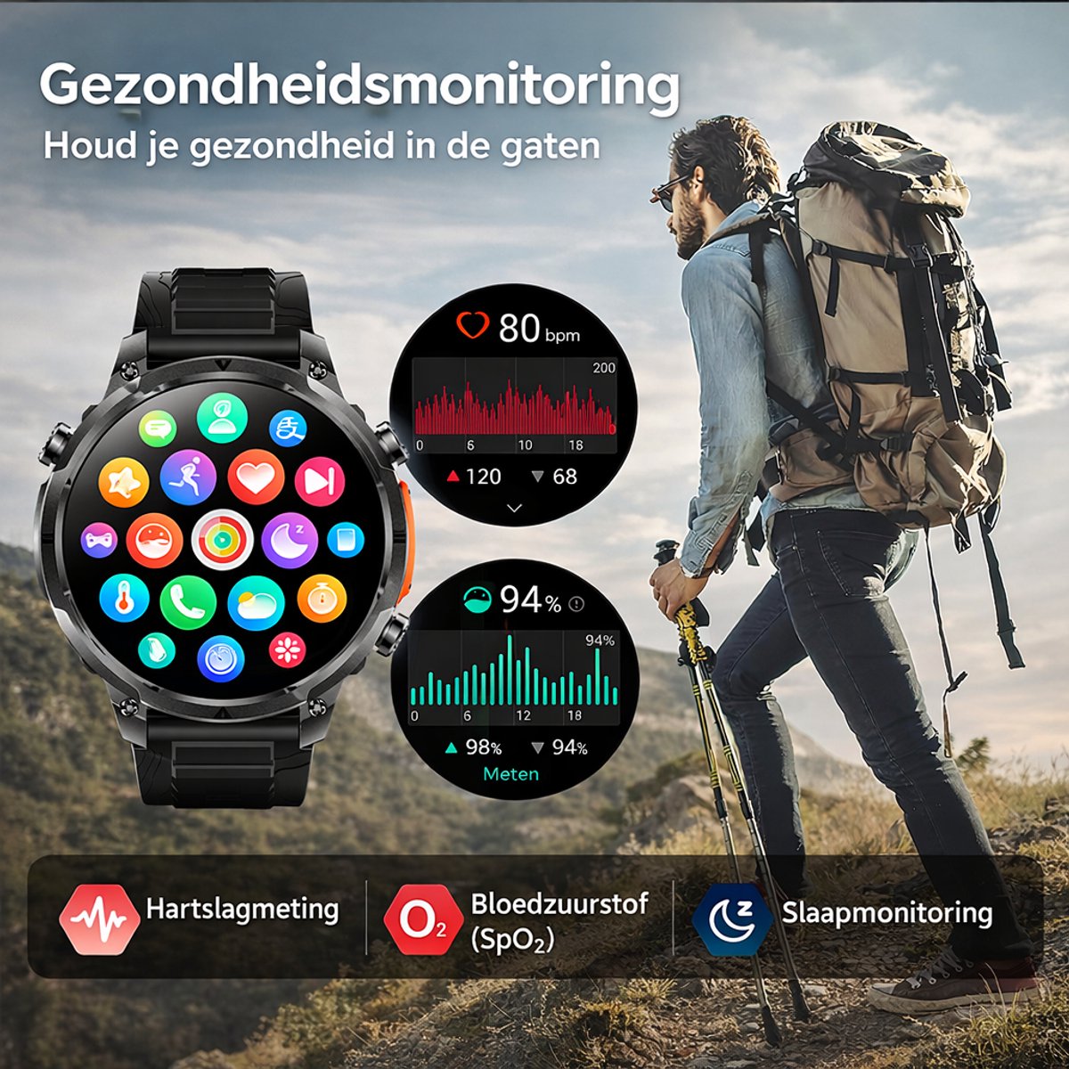 Hibousee Smartwatch Heren & Dames met Belfunctie – 100+ Sportmodi – Hartslagmeter – Waterdicht – Fitness Tracker – Zaklamp – Geschikt voor iOS & Android – 2 Bandjes