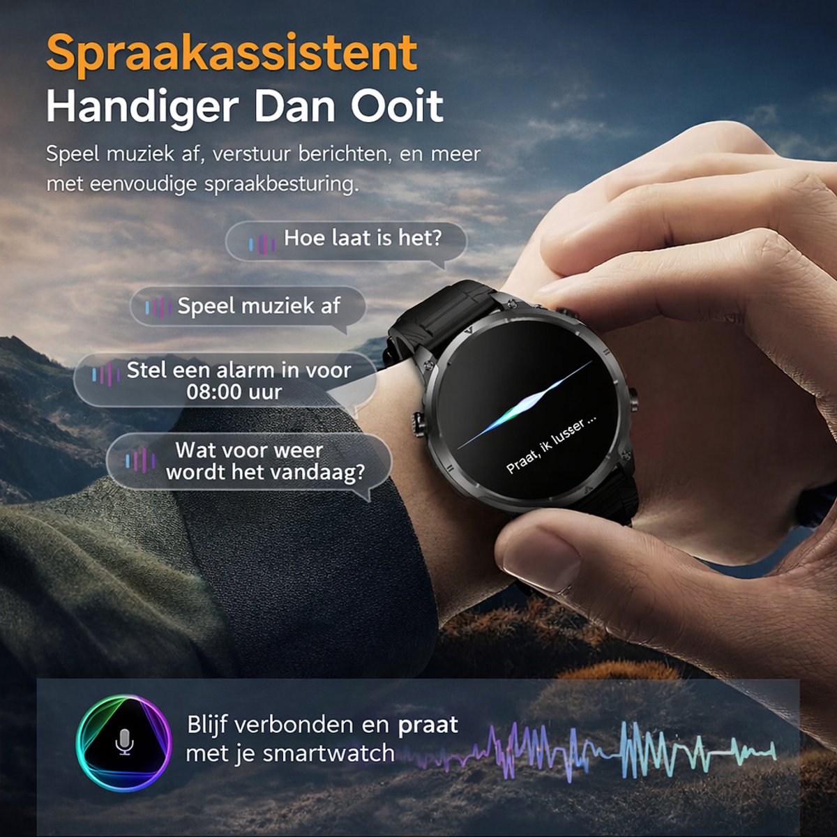 Hibousee Smartwatch Heren & Dames met Belfunctie – 100+ Sportmodi – Hartslagmeter – Waterdicht – Fitness Tracker – Zaklamp – Geschikt voor iOS & Android – 2 Bandjes