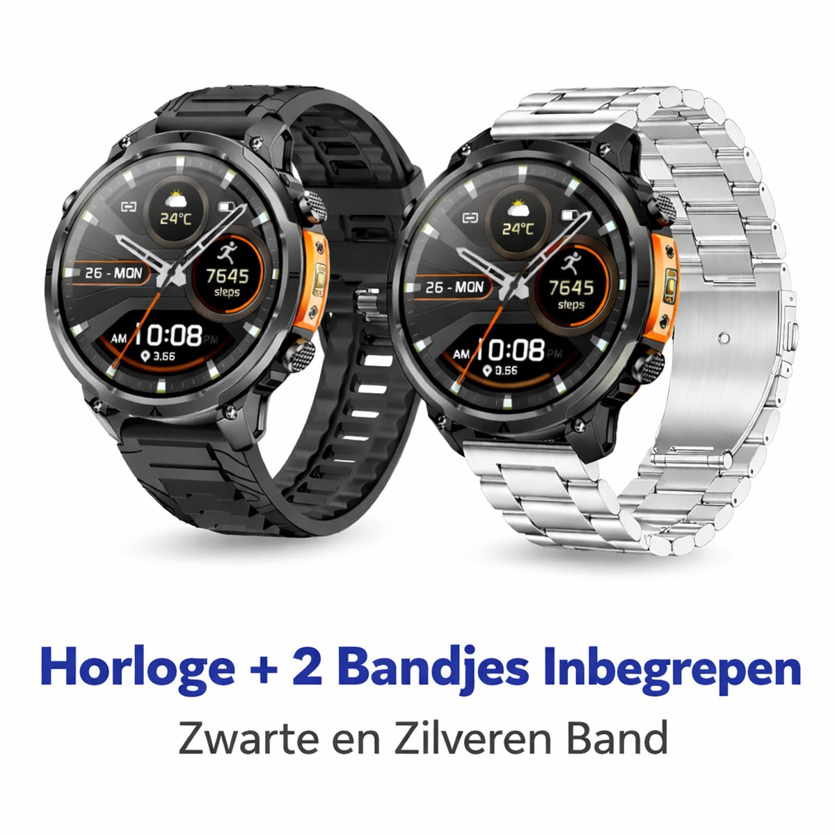 Hibousee Smartwatch Heren & Dames met Belfunctie – 100+ Sportmodi – Hartslagmeter – Waterdicht – Fitness Tracker – Zaklamp – Geschikt voor iOS & Android – 2 Bandjes