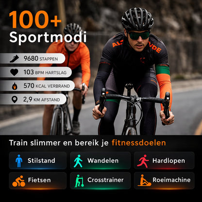 Hibousee Smartwatch Heren & Dames met Belfunctie – 100+ Sportmodi – Hartslagmeter – Waterdicht – Fitness Tracker – Zaklamp – Geschikt voor iOS & Android – 2 Bandjes