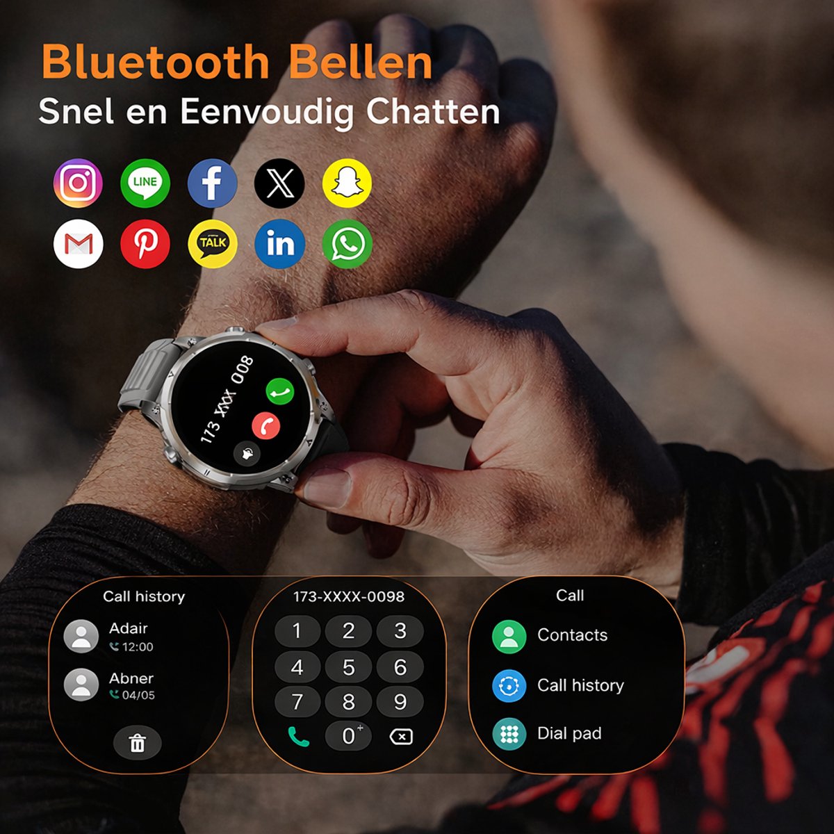 Hibousee Smartwatch Heren & Dames met Belfunctie – 100+ Sportmodi – Hartslagmeter – Waterdicht – Fitness Tracker – Zaklamp – Geschikt voor iOS & Android – 2 Bandjes