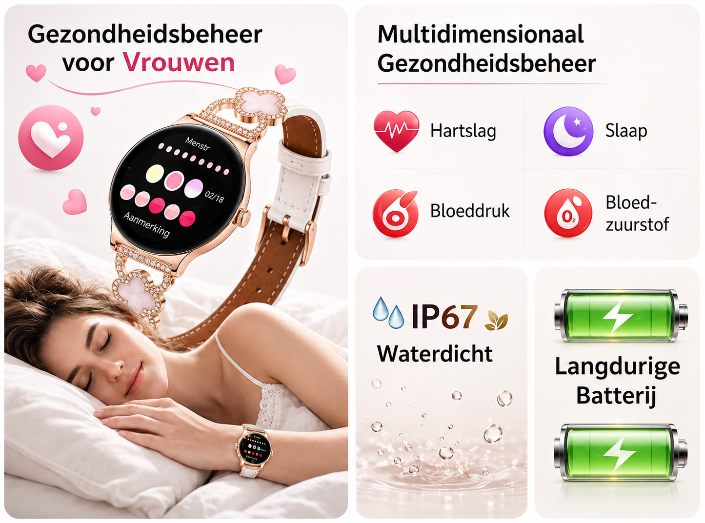 Hibousee Smartwatch voor Dames met Bluetooth Bellen, Gezondheid & Fitness Tracker – Stappenteller, Hartslagmeter, Slaapmonitor – iOS & Android - Incl 3 bandjes