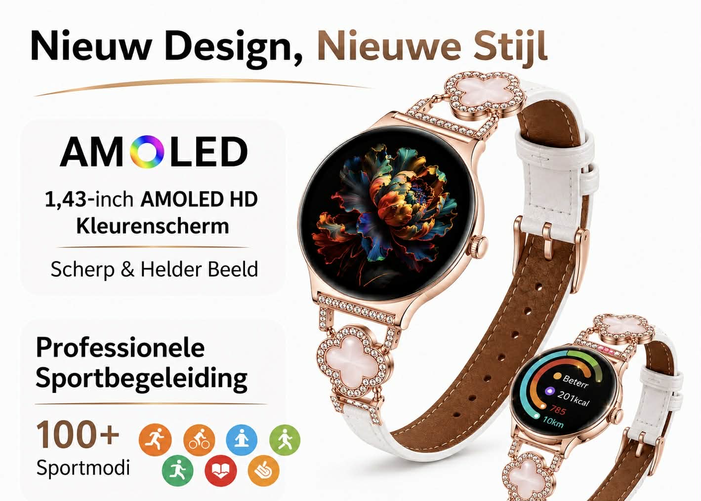 Hibousee Smartwatch voor Dames met Bluetooth Bellen, Gezondheid & Fitness Tracker – Stappenteller, Hartslagmeter, Slaapmonitor – iOS & Android - Incl 3 bandjes