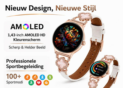 Hibousee Smartwatch voor Dames met Bluetooth Bellen, Gezondheid & Fitness Tracker – Stappenteller, Hartslagmeter, Slaapmonitor – iOS & Android - Incl 3 bandjes