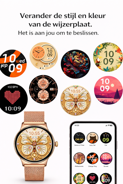Hibousee Smartwatch voor Dames met Bluetooth Bellen, Gezondheid & Fitness Tracker – Stappenteller, Hartslagmeter, Slaapmonitor – iOS & Android - Incl 3 bandjes