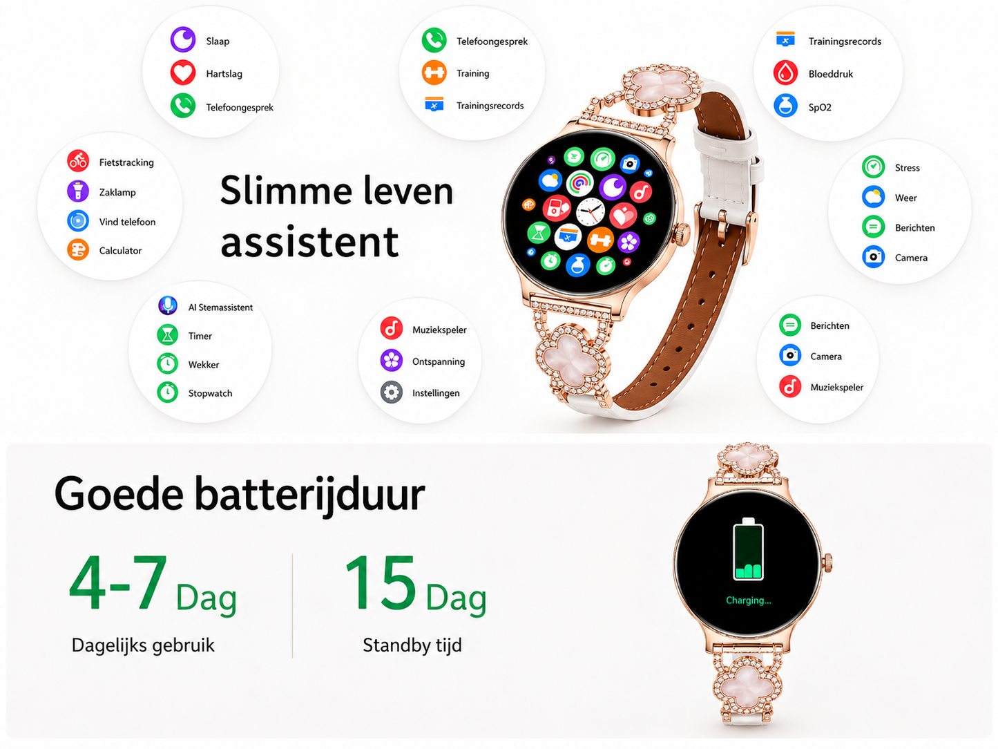 Hibousee Smartwatch voor Dames met Bluetooth Bellen, Gezondheid & Fitness Tracker – Stappenteller, Hartslagmeter, Slaapmonitor – iOS & Android - Incl 3 bandjes