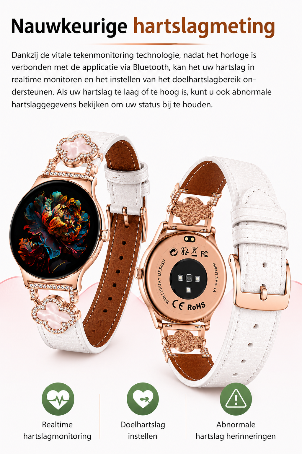 Hibousee Smartwatch voor Dames met Bluetooth Bellen, Gezondheid & Fitness Tracker – Stappenteller, Hartslagmeter, Slaapmonitor – iOS & Android - Incl 3 bandjes