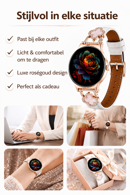 Hibousee Smartwatch voor Dames met Bluetooth Bellen, Gezondheid & Fitness Tracker – Stappenteller, Hartslagmeter, Slaapmonitor – iOS & Android - Incl 3 bandjes