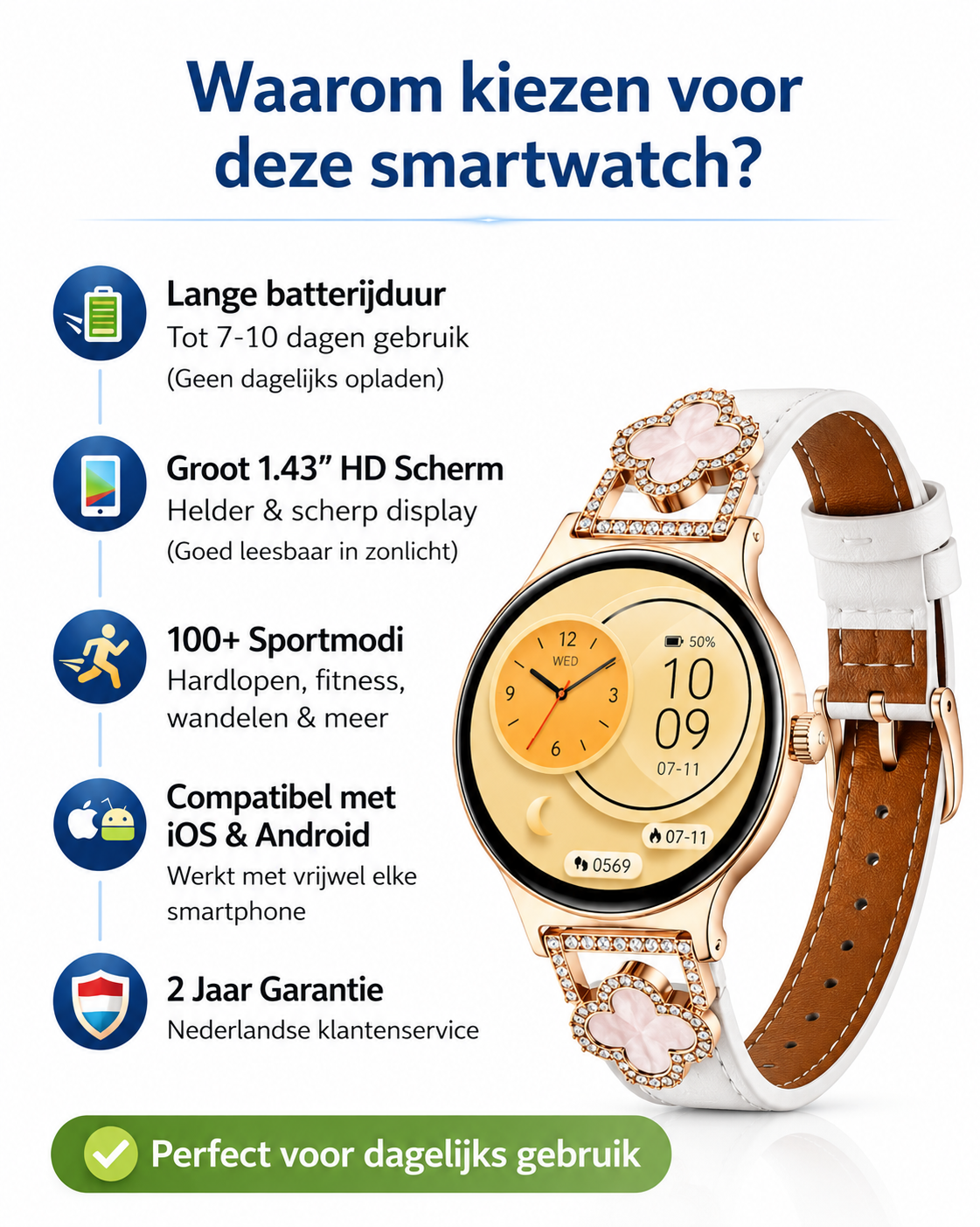 Hibousee Smartwatch voor Dames met Bluetooth Bellen, Gezondheid & Fitness Tracker – Stappenteller, Hartslagmeter, Slaapmonitor – iOS & Android - Incl 3 bandjes