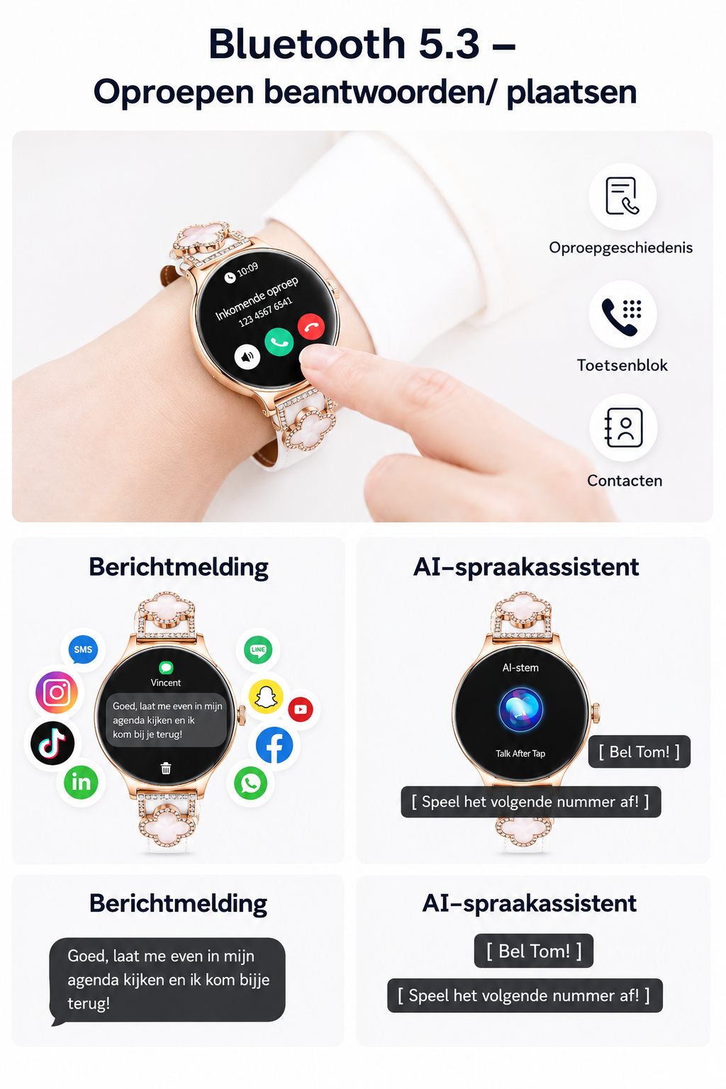 Hibousee Smartwatch voor Dames met Bluetooth Bellen, Gezondheid & Fitness Tracker – Stappenteller, Hartslagmeter, Slaapmonitor – iOS & Android - Incl 3 bandjes