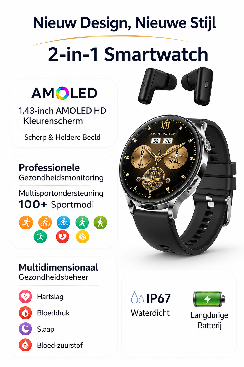Hibousee Smartwatch voor Dames en Heren met Oordopjes (2-in-1) – Bluetooth Bellen, AMOLED scherm, Fitness- en Gezondheidstracker – iOS & Android