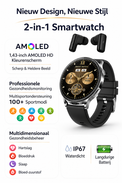 Hibousee Smartwatch voor Dames en Heren met Oordopjes (2-in-1) – Bluetooth Bellen, AMOLED scherm, Fitness- en Gezondheidstracker – iOS & Android