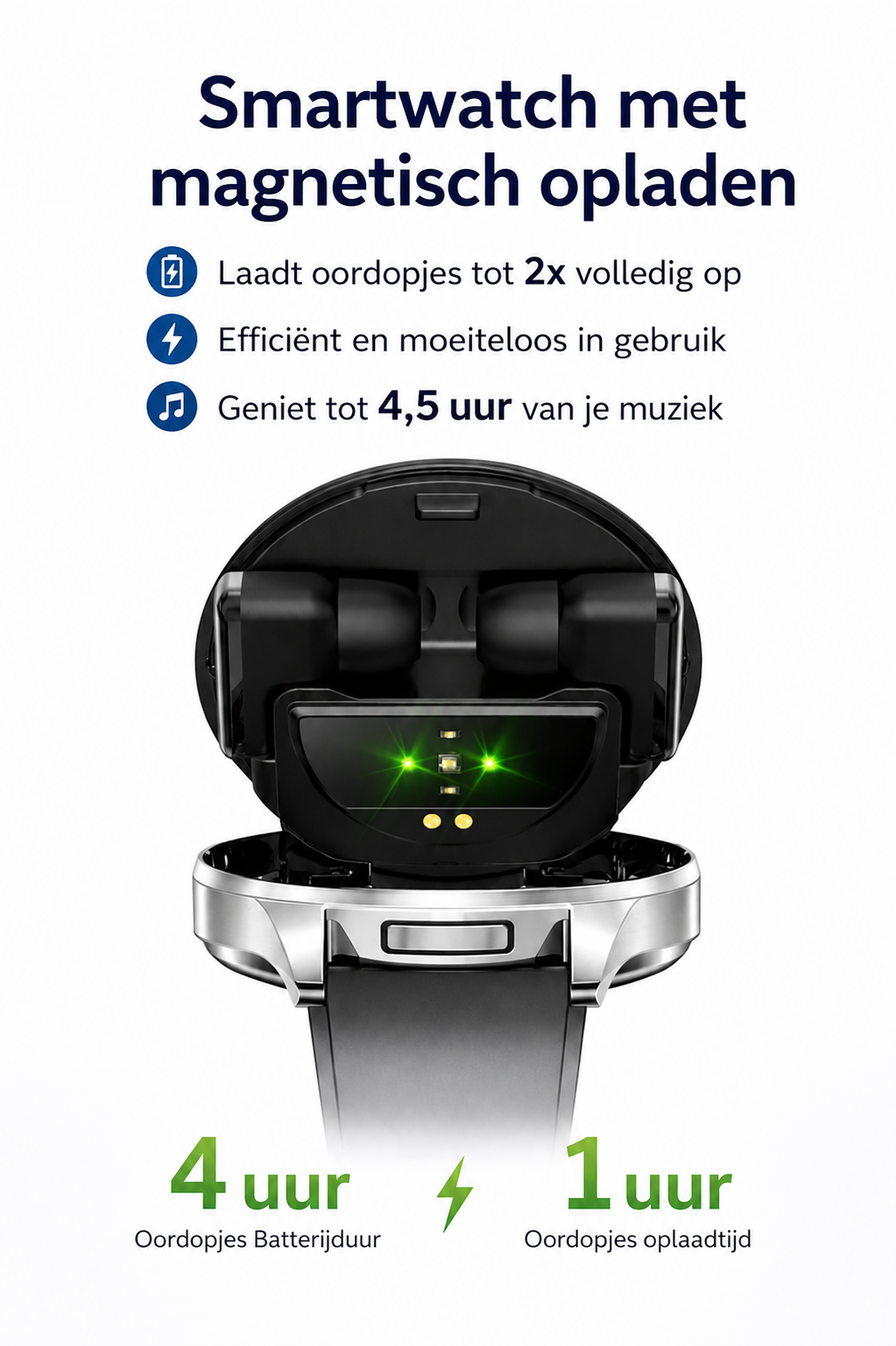 Hibousee Smartwatch voor Dames en Heren met Oordopjes (2-in-1) – Bluetooth Bellen, AMOLED scherm, Fitness- en Gezondheidstracker – iOS & Android