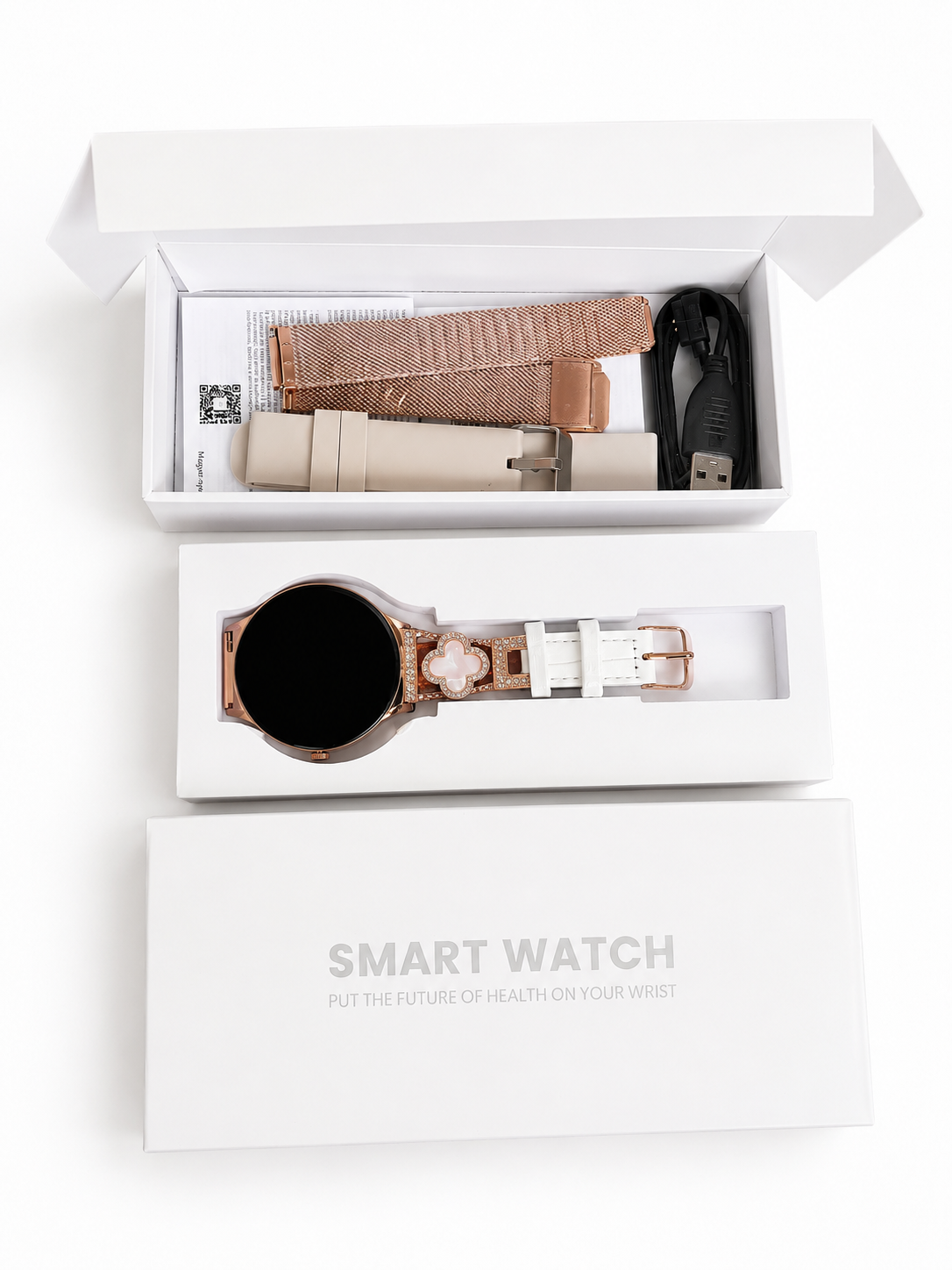 Hibousee Smartwatch voor Dames met Bluetooth Bellen, Gezondheid & Fitness Tracker – Stappenteller, Hartslagmeter, Slaapmonitor – iOS & Android - Incl 3 bandjes