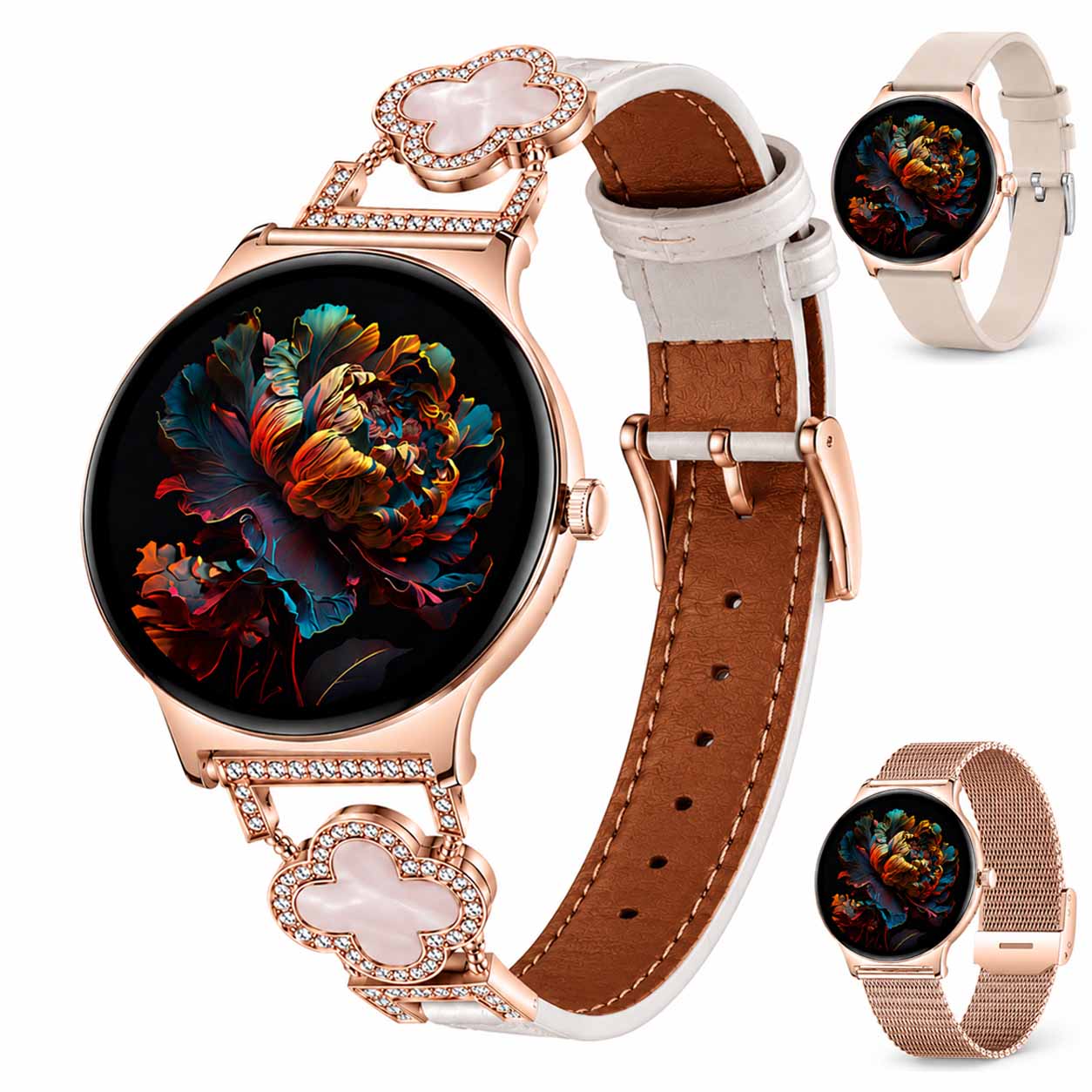 Hibousee smartwatch voor dames – bellen via Bluetooth, volgen van gezondheid en fitness, stappenteller, hartslagmeter en slaapmonitor – iOS en Android – inclusief 3 banden