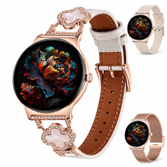 Hibousee smartwatch voor dames – bellen via Bluetooth, volgen van gezondheid en fitness, stappenteller, hartslagmeter en slaapmonitor – iOS en Android – inclusief 3 banden
